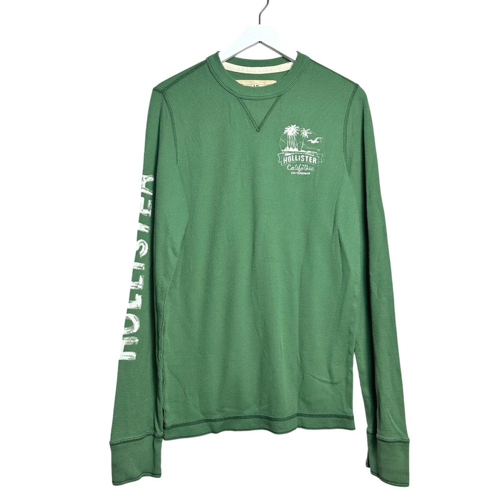 Vintage Y2K Hollister Mens Green Waffle Knit Thermal Long Sleeve Graphic Shirt M